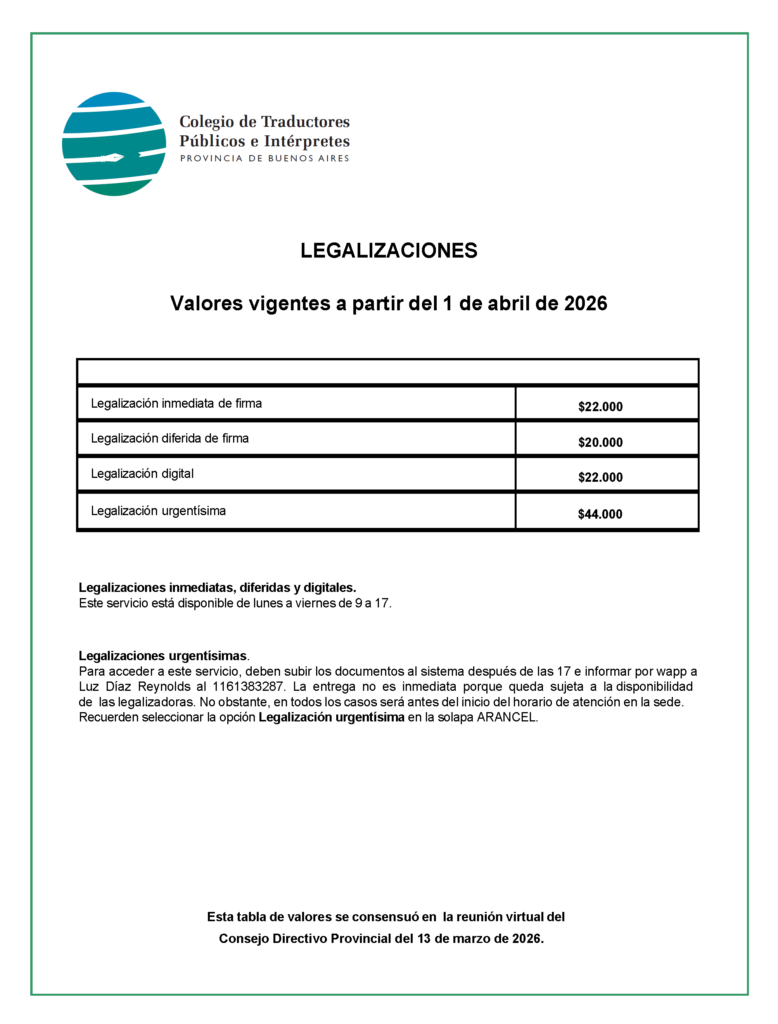 Valores legalizaciones abril 2026