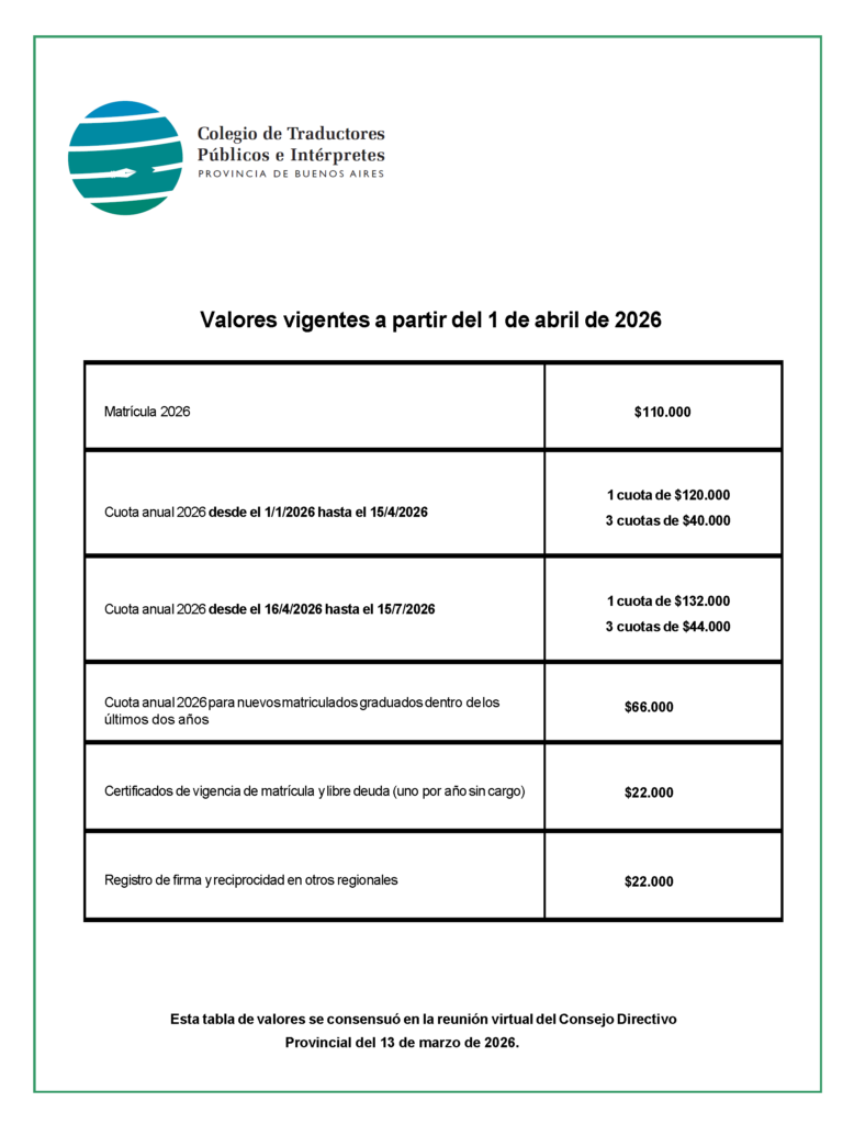 Valores de matricula y cuota anual abril 2026
